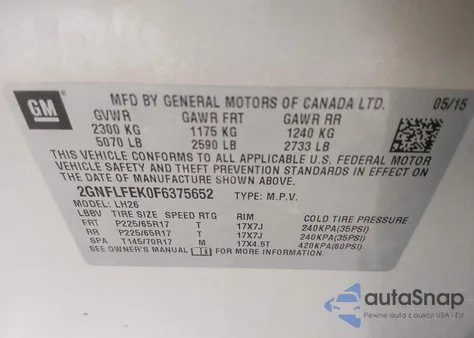 2015 Chevrolet Equinox 1Lt from USA, damaged, VIN 2GNFLFEK0F6375652